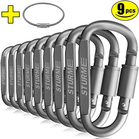 STURME Locking Carabiner Aluminum D Ring Clip D Shape Super Durable Strong and Light Large Carabiner keyring Keychain Clip for Outdoor Camping Key Chain Heavy Duty Screw Gate Lock Hooks Spring Link Newly Improved Design