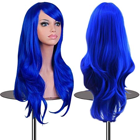EmaxDesign Wigs 70 cm / 28" ~ High-Quality Cosplay Wig For Women. Long, Full, Curly, Wavy, & Heat Resistant. Fashion Glamour Hairpiece with Free Wig Cap & Wig Comb (Color: Dark Blue)
