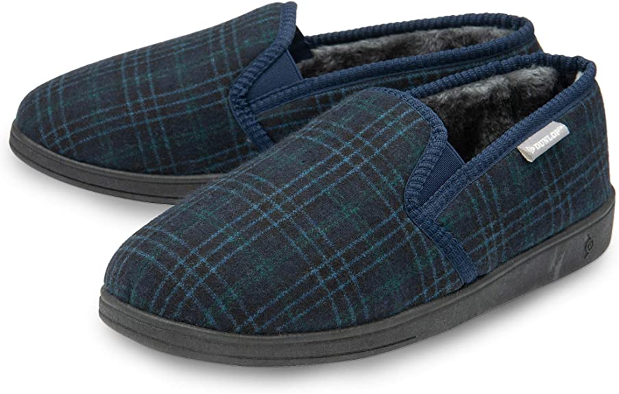 Dunlop Mens Slippers Slip On Twin Gusset Comfy Fur Lined Memory Foam Sizes 7-12