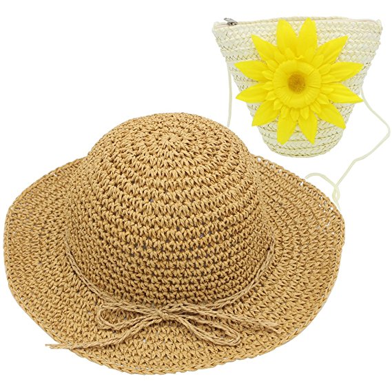 YOPINDO Girl Hat Purse Set Straw Sun Hat Floppy Summer Beach Cap with Hand Bag