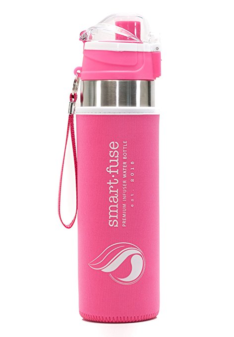 SmartFuse Sport Fruit Infuser Water Bottle - 24oz BPA Free Tritan Plastic – 3 Colors Black Teal Pink - Convenient Flip Top Lid with Lock - Bottom Removable Infuser Attachment - Additional Top Filter