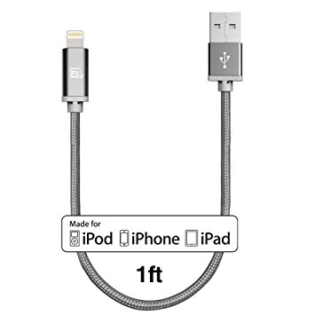 LAX Gadgets Extra Short, 2 in 1 Apple MFi Certified Nylon Lightning Cable | 1 Ft Cord, Gray