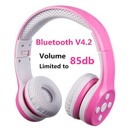 Kids Bluetooth Headphone, Hisonic wireless Earphones headphones with Volume Limiting and Audio Sharing Port for Boy Girl children (Pink)