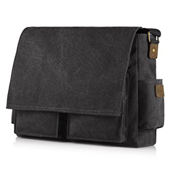 SMRITI 16-Inch Canvas Messenger Bag Laptop Crossbody Shoulder Bag - Black