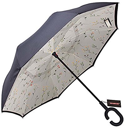WASING Double Layer Inverted Umbrella Cars Reverse Umbrella, Windproof UV Protection Big Straight Umbrella for Car Rain Outdoor With C-Shaped Handle