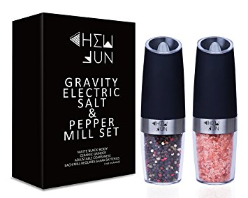 Gravity Electric Salt and Pepper Grinder Set of 2 - Pepper Mill and Salt Mill with Adjustable Ceramic Rotor, Automatic Operation, Blue LED Light, Battery Powered, Matte Black by CHEW FUN