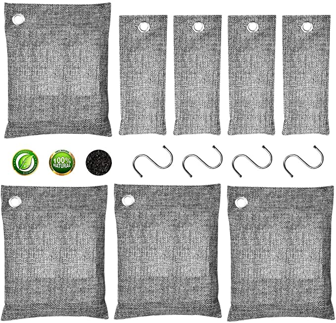 Tinggaoli Activated Charcoal Bags Odor Absorber (8 Pack & 4 Hooks | 200gx4 & 50gx4) Bamboo Charcoal Deodorizer for Car Closet Shoe Home Basement and Pet