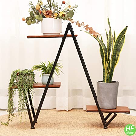3-Tier Flower Metal Plant Stand, HFHOME Triangular Wood Corrosion Resistance Shelf Step Design, Ideal Flower Pot Holder for Home, Garden, Patio, Plant Lovers, Housewarming, Black