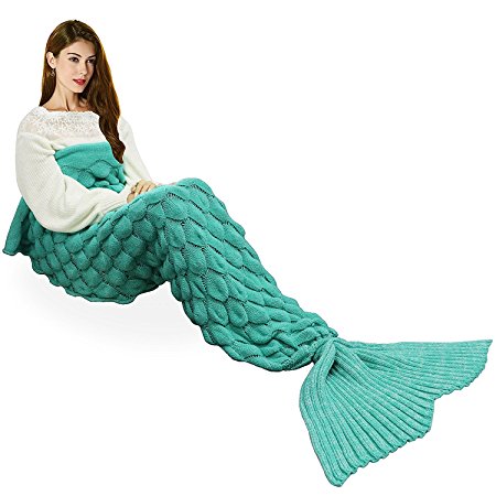 Handmade Mermaid Tail Blanket Crochet , T-tviva All Seasons Warm Knitted Bed Blanket Sofa Quilt Living Room Sleeping Bag for Kids and Adults(72.8"x35.5", Fish-scales Mint Green1)