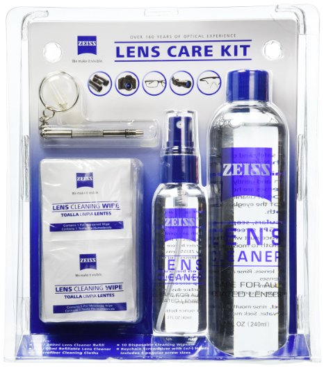 Zeiss Lens Care Kit - 8oz Lens Cleaner Refill 2oz Refillable Lens Cleaner Spray 2 Microfiber Cloth 10 Individually Wrapped Cleaning Wipes Keychain Screwdriver 4 Screws