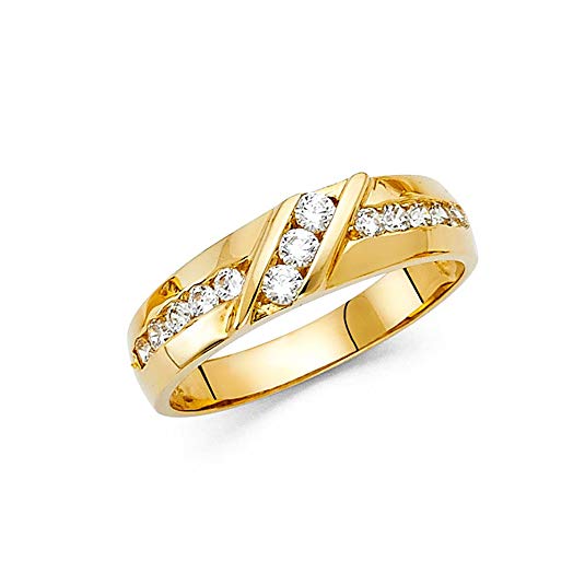 Solid 14k Yellow Gold Mens Wedding Band Engagement Ring Round CZ Channel Set Polished Fancy