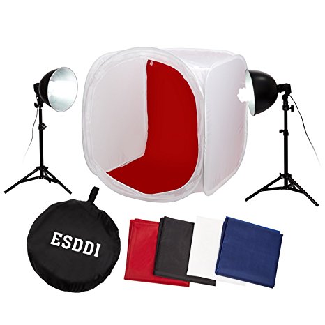 ESDDI photo tent 32" x 32" / 80 x 80 cm Photography Lighting Tent Kit with 4 x Backdrops (Black White Red Blue), 2 x Light Stands, 2 x 85W E27 Daylight Fluorescent Bulbs