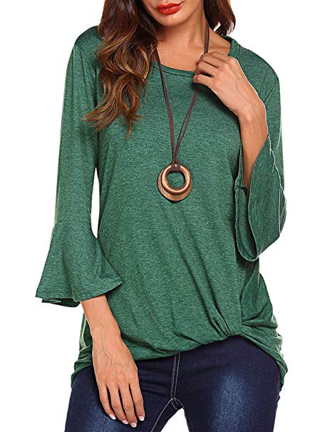 Womens Casual Twist Knot Shirt 3/4 Bell Sleeve Tshirt Ruched Loose Fit Tie Top Ruffle Blouses