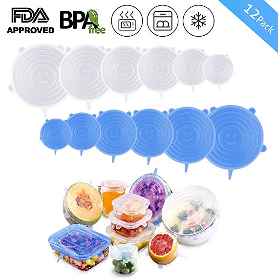 Silicone Stretch Lids, Reusable Airtight Food Storage Covers, Keeping Food Fresh, Durable and Stretchable to Fit Various Sizes and Shapes of Containers.Microwave and Dishwasher Safe (12-Pack)