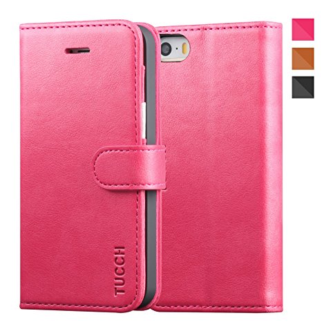 iPhone SE Case, iPhone 5s Case, TUCCH Leather Case for iPhone SE / iPhone 5s / iPhone 5, Wallet Case with Magnetic Clasp Foldable Kickstand, Card Slots and Money Pocket, Flip Book Style (Hot Pink and Silver)