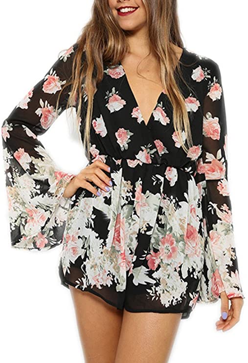 PERSUN Women Limited Black Floral Print Romper Playsuit with Long Flare Sleeves
