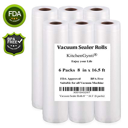 Vacuum Sealer Rolls 6 Packs 8'' * 16.5' 4 mil Commercial Vacuum Sealer Bags for Food Saver, Sous Vide Cooking