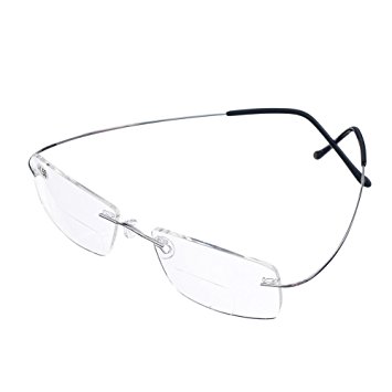 Bi Tao Super Light 100% Titanium Bifocal Reading Glasses Men Women Fashion Rimless Reading Eyeglasses + Eyewear Case(Silver,+1.50)