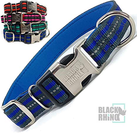 Black Rhino - The Hybrid Striped Dog Collar for Medium Large Breeds | Heavy Duty | Soft Padded Neoprene - Reflective & Adjustable - Matching Leashes Sold Separately