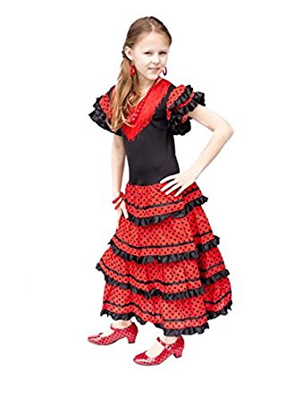 La Senorita Spanish Flamenco Dress Fancy Dress Costume - Girls / Kids - Black / Red