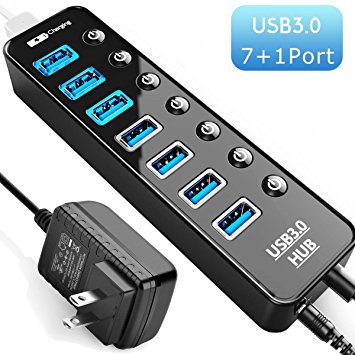 USB 3.0 Hub, 7-Port Super Speed USB 3.0 Hub With 1 USB Charging Port and Power Supply Adapte