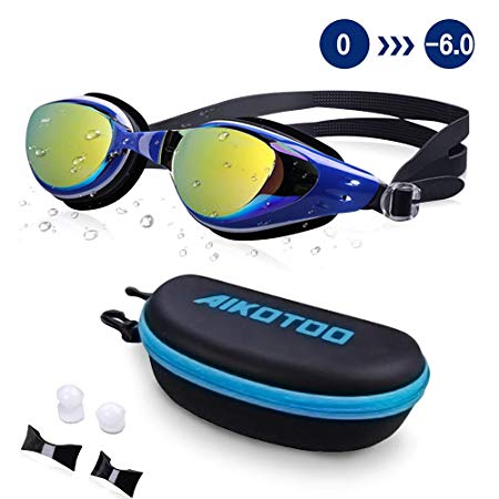 AIKOTOO Swim Goggles,Shortsighted Swimming Goggles Myopic with Prescription Lenses Anti Fog Nose Clip Ear Plugs for Women Kids Men, Swimming Goggles…