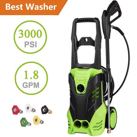 Hifashion 3000 PSI Electric Pressure Washer 1800W Rolling Wheels High Pressure Professional Washer Cleaner Machine with 5 Quick-Connect Spray Tips