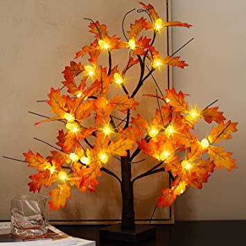 BLIKA 24 LED Tabletop Lighted Maple Tree Artificial Fall Tree Light, Thanksgiving Table Decoration Lights, 72 Maple Leaves and 24 Acorn Autumn Tree Lights for Indoor Home Bedroom Fall Decorations
