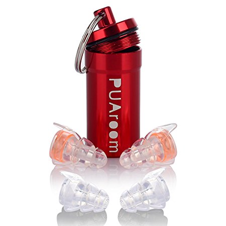 PUAroom Ear Protection Ear Plugs, 2 Pairs Reusable Comfortable Silicone Ear Plugs with Aluminium Carrier, Ideal for Musicians, Concert, Festival, Music Club, Drummer Percussion DJ, Motorcycles, Travel (Orange)