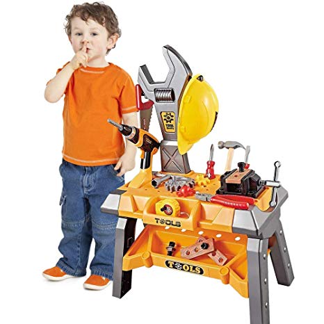 Toy Power Workbench, Kids Power Tool Bench Construction Set with Tools Electric Drill and Toy Helmet, Toddlers Toy Shop Tools for Boys