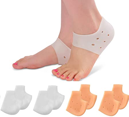 4 Pairs Silicone Heel Cups, Plantar Fasciitis Inserts, Breathable Heel Socks Protectors for Dry Cracked Heel and Reduce Pains of Plantar Fasciitis for Men and Women