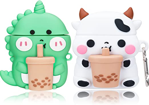 2 Pack for AirPods 2&1 Gen Case Cover, 3D Cute Funny Cartoon Boba Tea Cows & Boba Tea Dinosaurs Foods Shape Apple Airpod Case Soft Silicone Skin with Keychain Gift for Girls Boys Kids Teens (Cow Dino)