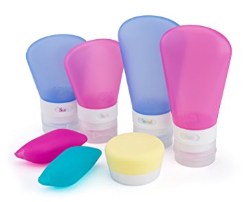 Silicone Travel Bottles and Jars Set with Toothbrush Covers by Opul, Leak-proof, Spill-proof, BPA Free, TSA Approved Travel Bottles Set - Squeezable & Refillable Travel Containers for Toiletries
