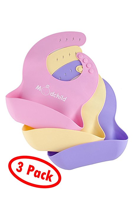Waterproof Silicone Baby Bibs ! 3 PACK !Waterproof Easy Wipe Clean, soft, Keep Stains Off! Crumb Catcher bib With Large Pocket. For Babies and Toddlers, (girls, purple pink yellow)