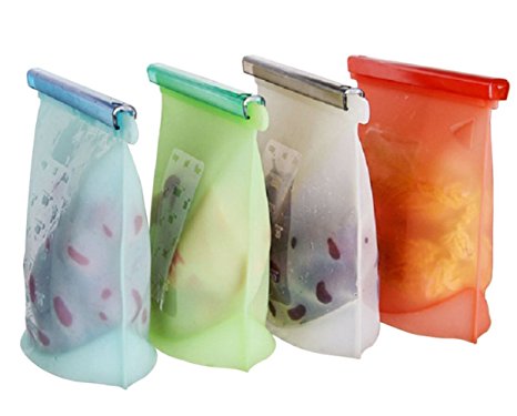Reusable Silicone Fresh Food Storage Bag Freezer Bag Quart 4pcs Ziploc Food Preservation Freezer Microwave Vacuum Seal