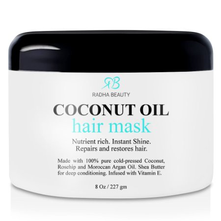 Coconut Oil Hair Mask - Deep Conditioner with 100 Cold pressed Coconut Argan Rosehip oil and Shea Butter - Repair and Moisturize Dry damaged or Color Treated hair - for all hair types 8 Oz