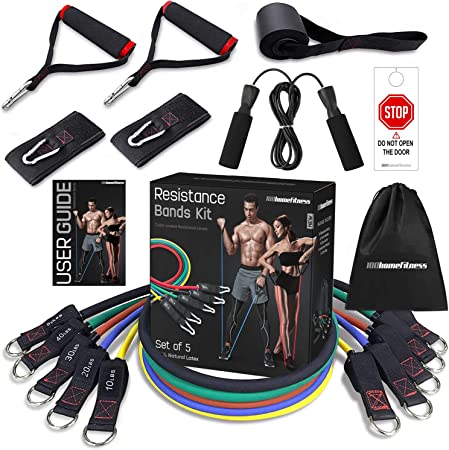 100 Home Fitness Exercise Resistance Band Set Training Tubes with Door Anchor, Handles, Jump Ropes, Ankle Straps, Stackable Up to 150 lbs for Body Strength, Home Workouts and More! Truly 100% Latex!