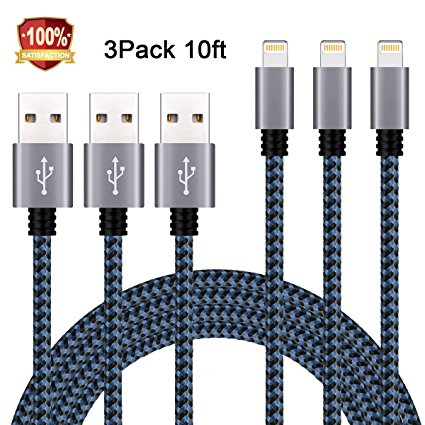 Sundix iphone Charger 3 Pack 10ft Nylon Braided Lightning Cable Extra Long Charging Cord for iPhone 7 6 6s Plus 5 5s 5c SE iPad iPod & More(Blueblack)