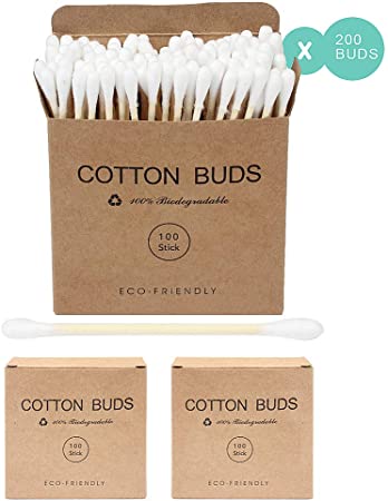 SWKJ 2 Packs Set(200 PCS) Bamboo Cotton Buds Eco-Friendly Cotton Ear Buds Swabs with Bamboo Handle Recyclable and Biodegradable Cotton Swabs for Makeup Cleaning Ear Cleaning and Wound Cleaning