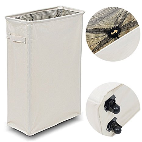 WISHPOOL Slim Slide Foldable Laundry Hamper Thicken Oxford Cloth Laundry Basket with Mesh Wheels