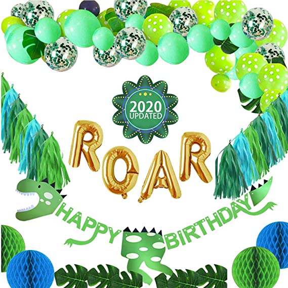 Dinosaur Party Decorations - Dino Party Supplies Set Including Gold ROAR Foil Balloon Dino Banners Tropical Palm Leaves and Jungle Theme Tassels for Boys Dinosaur Birthday Party Supplies kids Shower Dinosaur Party