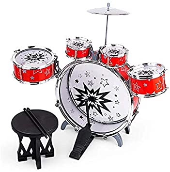 MTT Kids Jazz Drum Set – 5 Drums, Cymbal, Chair, Kick Pedal, 2 Drumsticks, Stool – Little Rockstar Kit to Stimulating Children’s Creativity, - Ideal Gift Toy for Kids, Teens, Boys & Girls (Red)