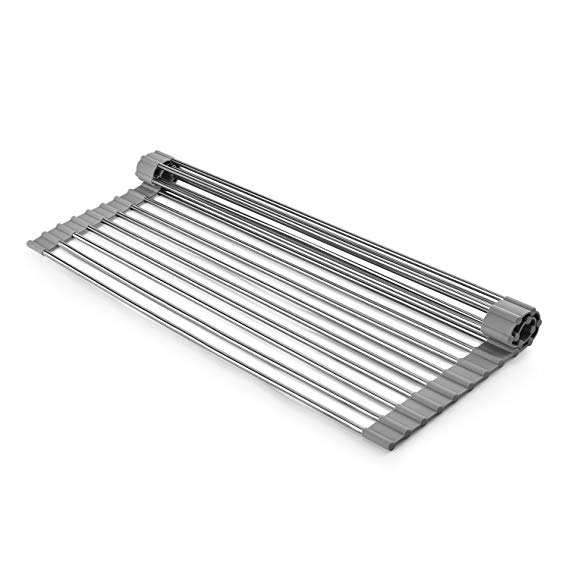 Dish Drying Rack, AYCLIF Over the Sink Foldable Dish Rack with 18 Stainless Steel Pipes and Soft Silicon for Multi-Purpose(Warm Gray, 20.5" x 13.2")