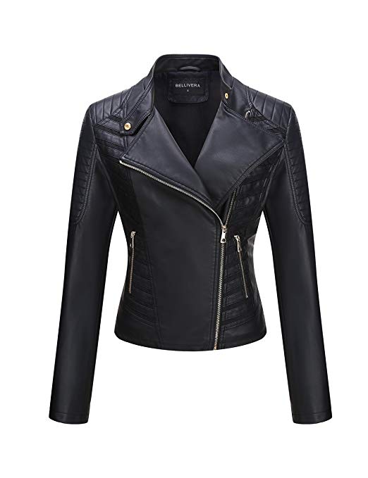 Bellivera Womens Faux Leather Short Jacket for Sping
