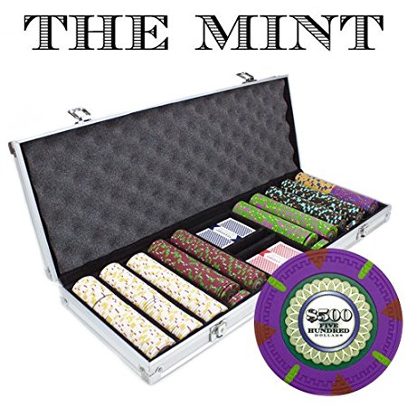 500 Count 'The Mint' Poker Chips in Aluminum Carrying Case, 13.5g Clay Composite Chips – Deluxe Set w/ 2 Playing Card Decks, Dealer Button, & 5 Dice by Claysmith Gaming