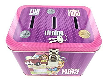 Girl's 3-Slot Tin Bank for Tithing, Savings Fund, and Fun Money - Size: 5.75" x 4.25" x 4.5"