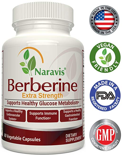 Naravis Berberine HCl Complex Supplement - 600mg per Capsule - Supports Healthy Blood Sugar & Insulin Metabolism - Helps Cardiovascular Gastrointestinal & Immune Systems - Vegan - 60 Veggie Capsules