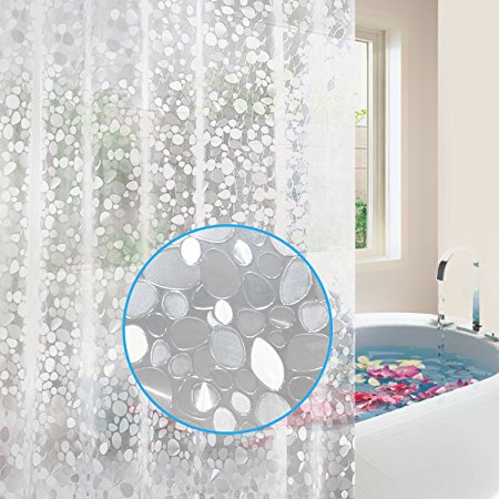 EVA Shower Curtain Liner with Free Hooks, Mold&Mildew Resistant Waterproof Anti-bacterial Feagar 72x72-Inch-PVC Free, Non Toxic, Eco-Friendly, Odorless 3D Pebble Bathroom Curtains, Semi-transparent
