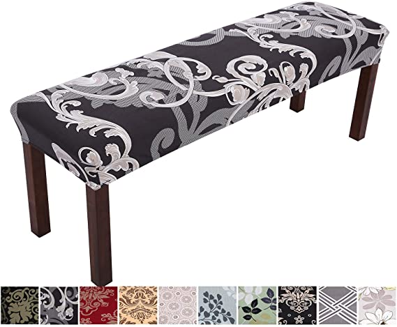Comqualife Stretch Spandex Printed Dining Bench Cover - Anti-Dust Removable Upholstered Bench Slipcover Washable Bench Seat Protector for Living Room, Bedroom, Kitchen (Black Floral)