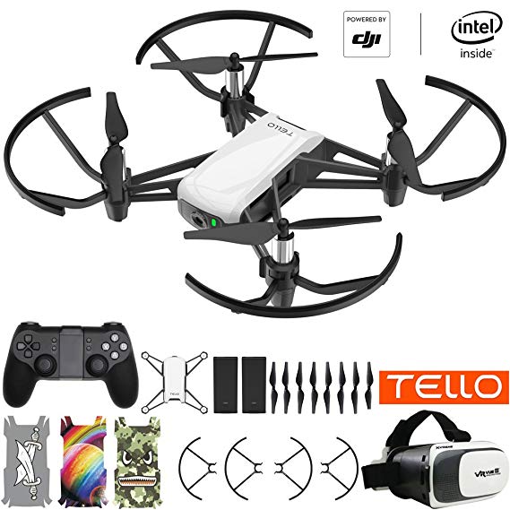 Tello Quadcopter Beginner Drone Powered by DJI Technology VR HD Video Premium Package with Extra Battery Remote Controller VR Goggles and Skin Pack
